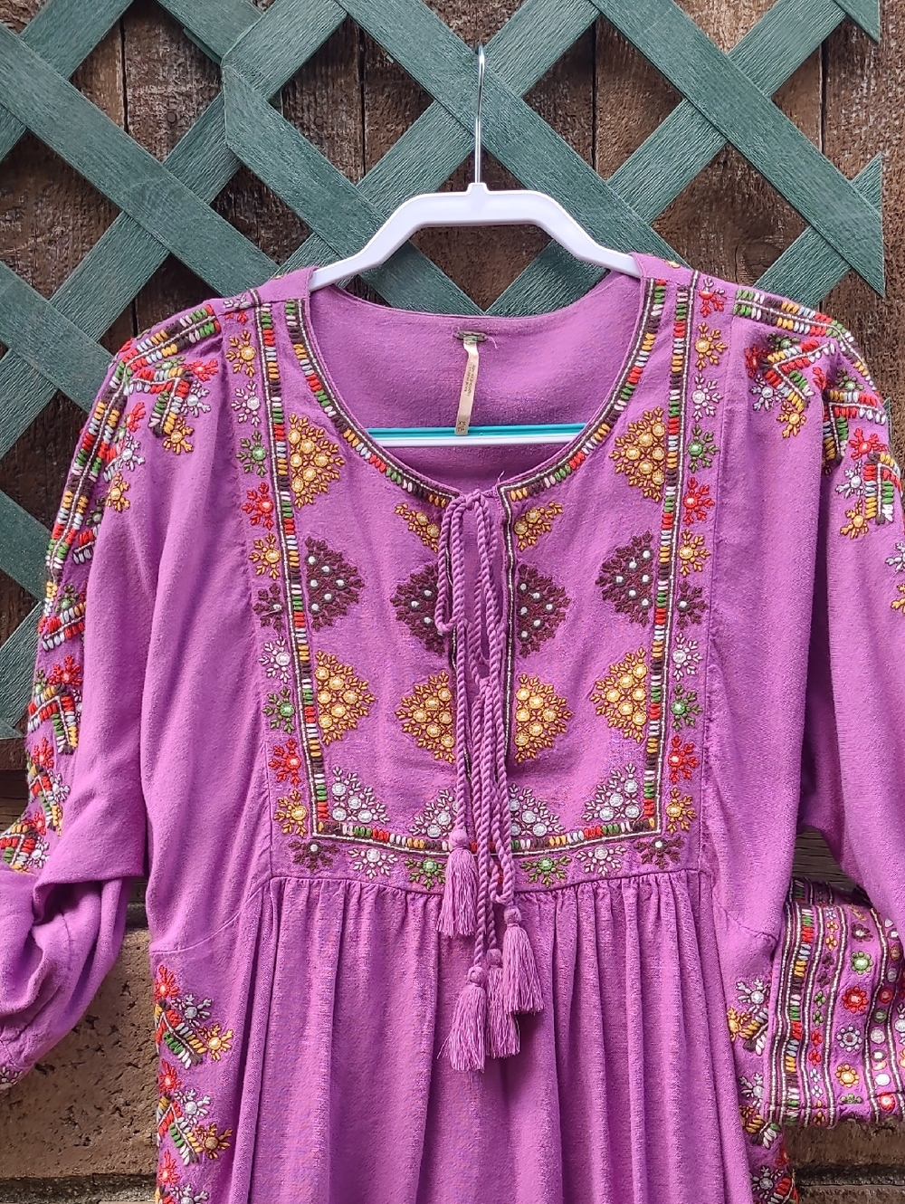 Free People Embroidered Boho Tunic Or Mini Dress Peasant in Lavender
